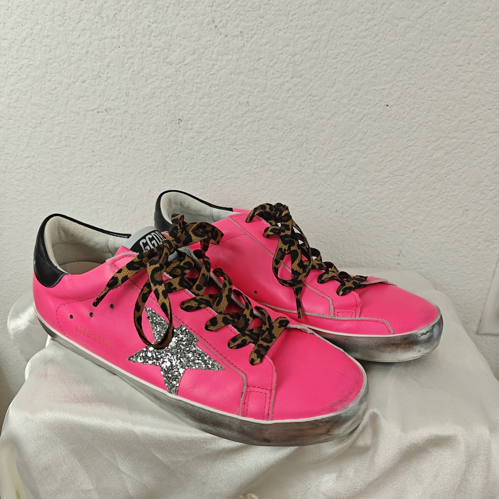 Golden Goose Super-Star Neon Pink Glitter Star Sneakers Sz 40 (9-9.5) Leopard - Picture 2 of 16